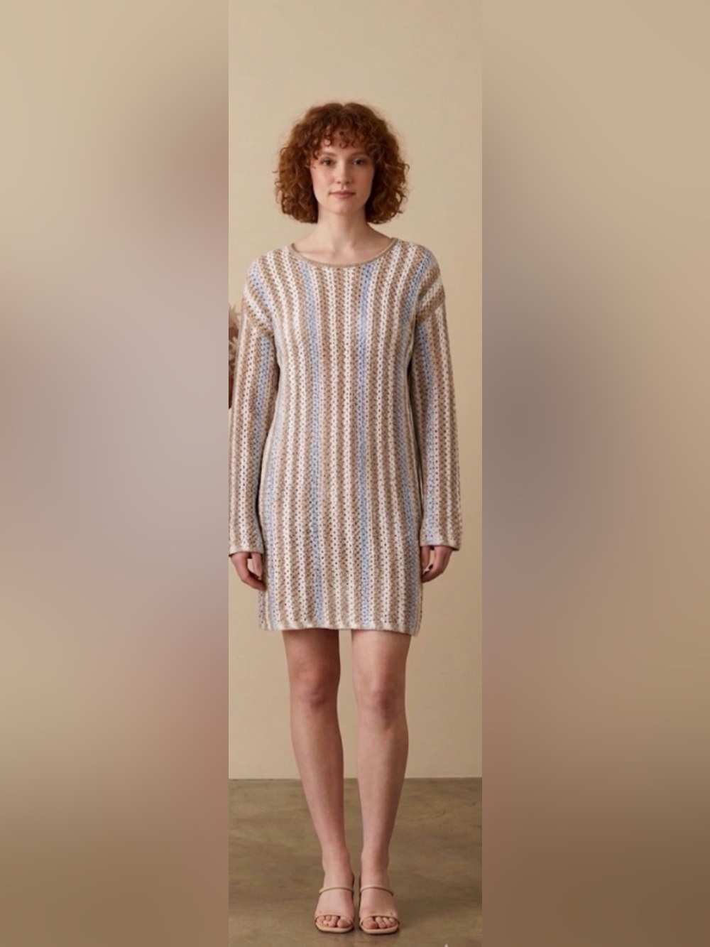 Love Knits Women’s Striped Crochet Dress in Cream, Beige & Light Blue size sm